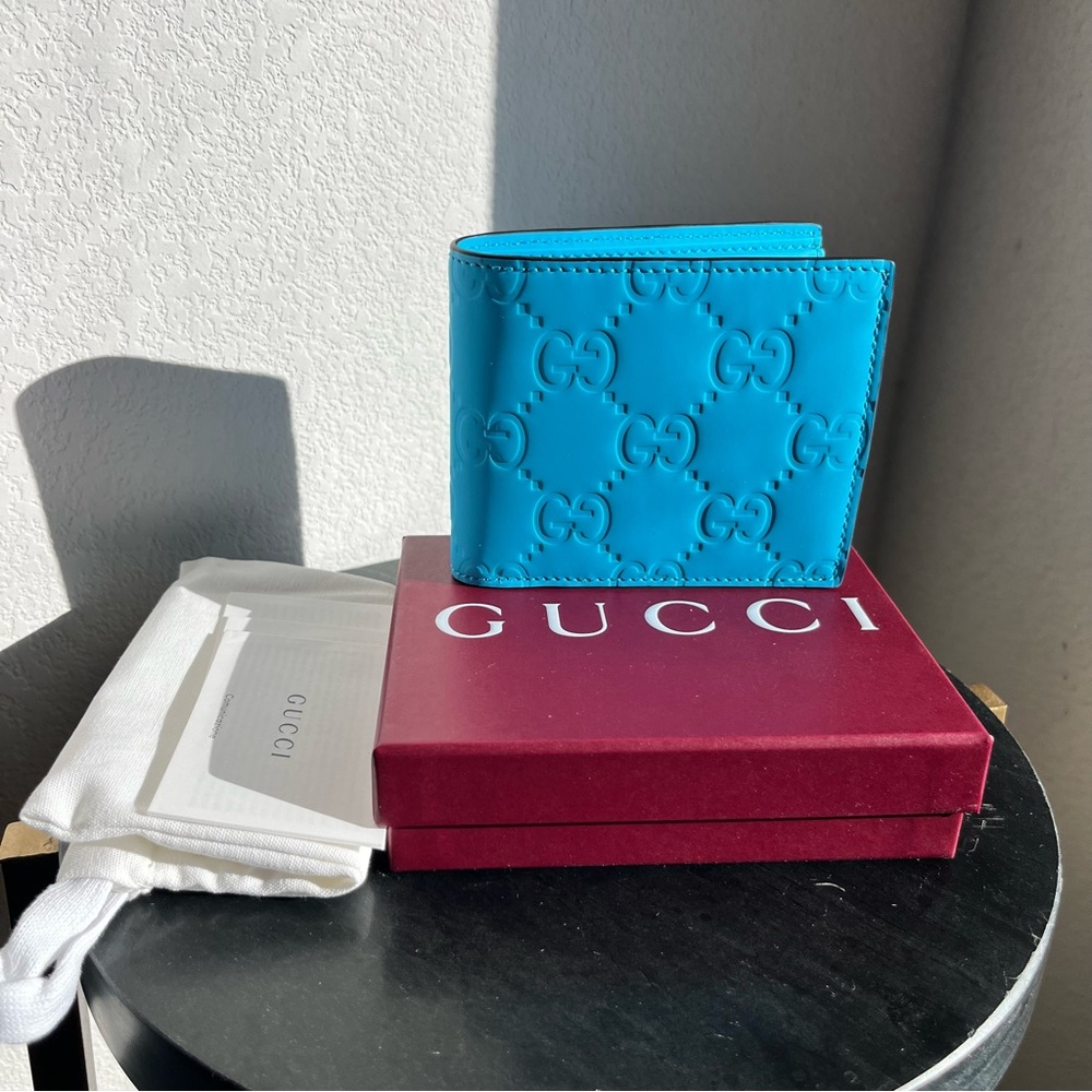 NEW Gucci GG Mens Rubber Effect Bi-fold Wallet - Blue - Picture 2 of 14